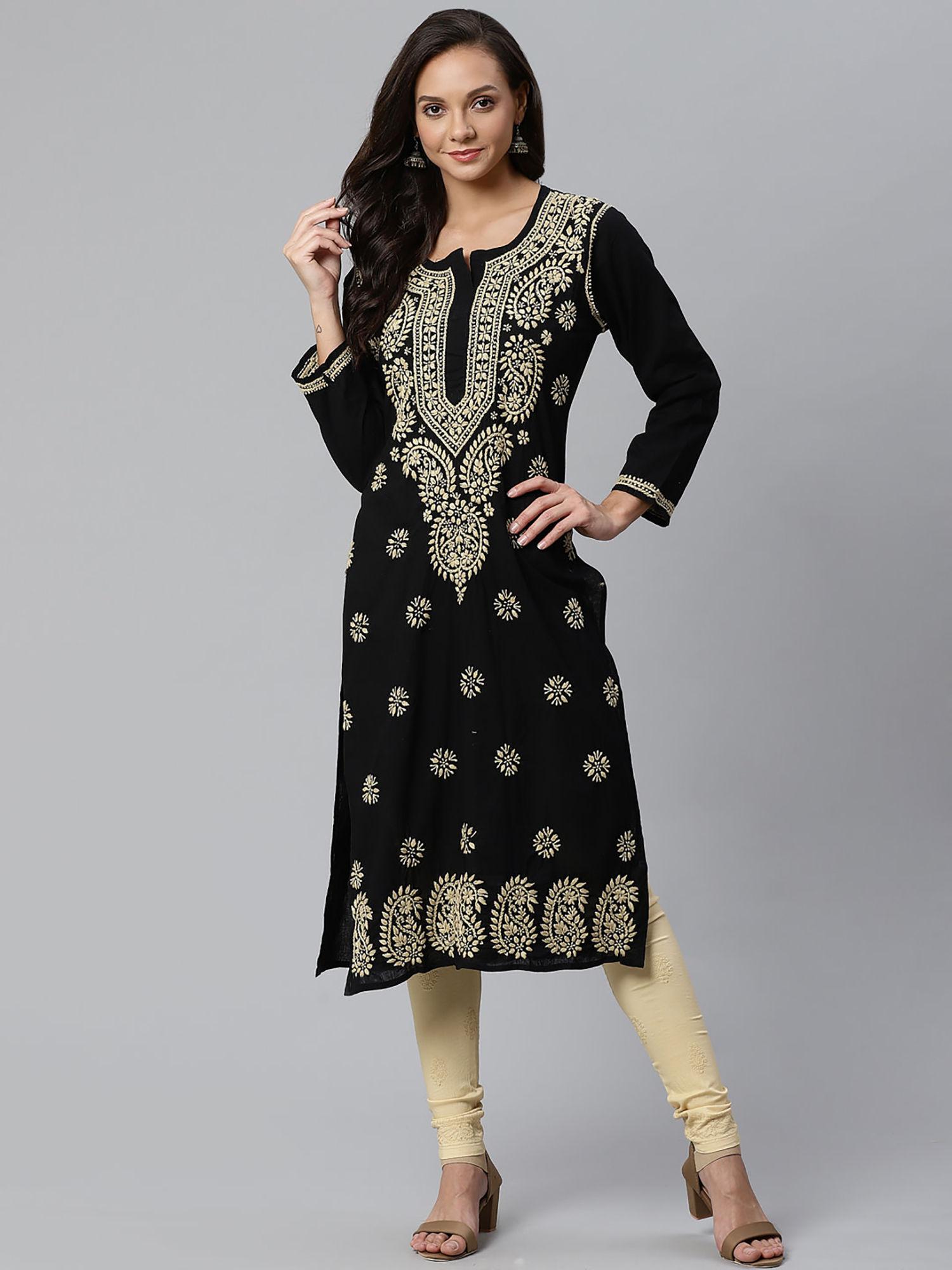 hand embroidered black and fawn kurta and churidaar (set of 2) (xs) (a100399)