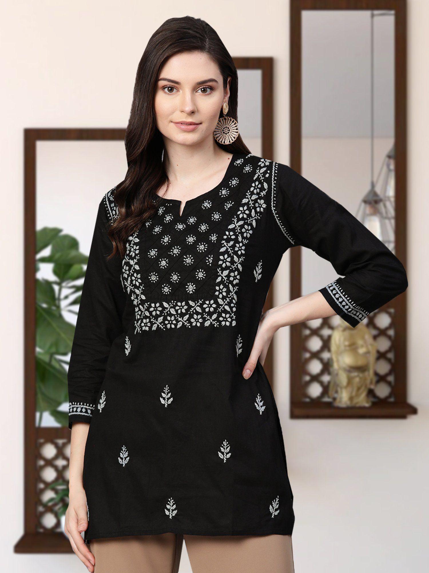 hand embroidered black cotton lucknowi chikan kurti- a100390 (xs) (a100390)