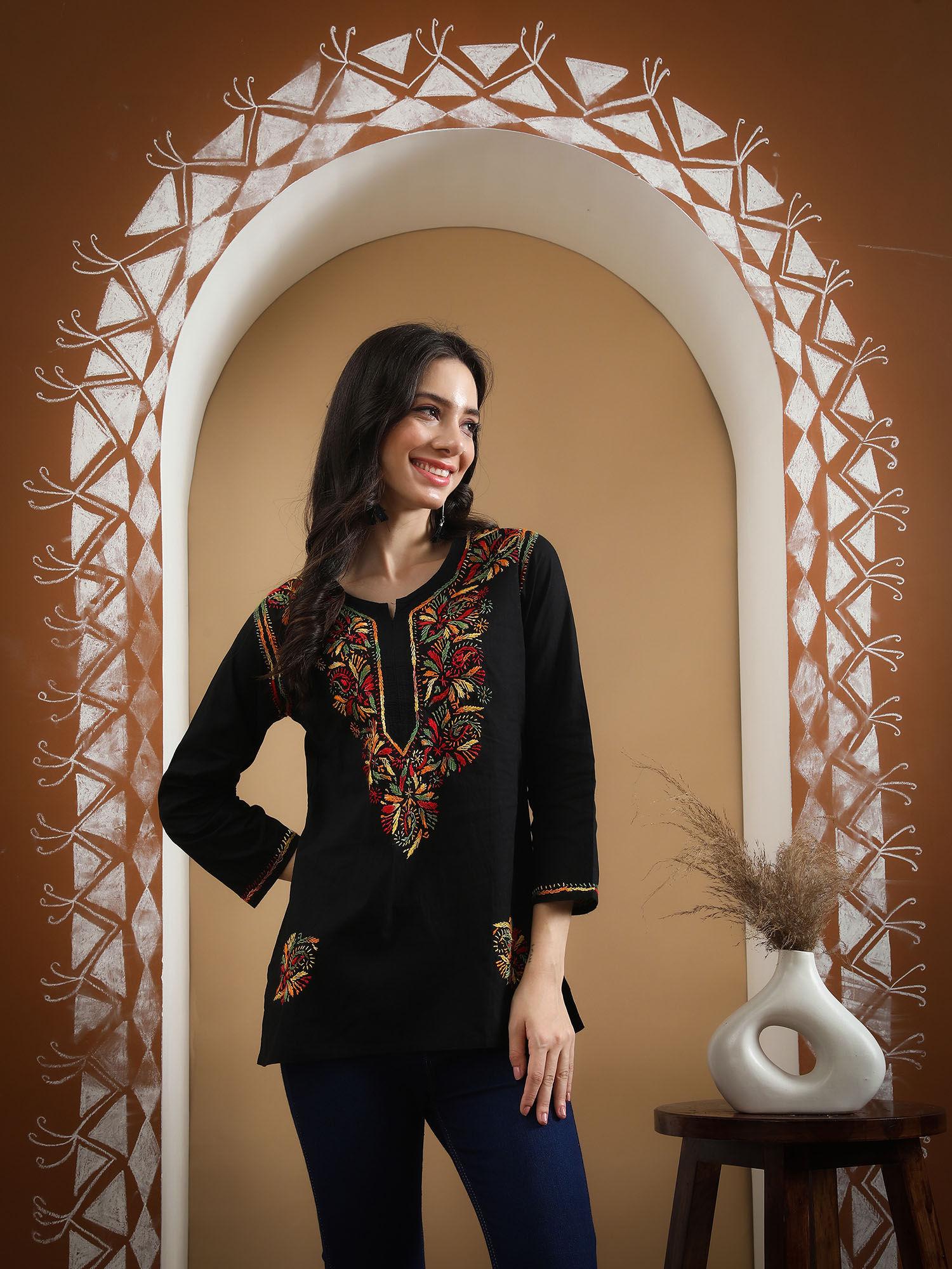 hand embroidered black cotton lucknowi chikankari kurti