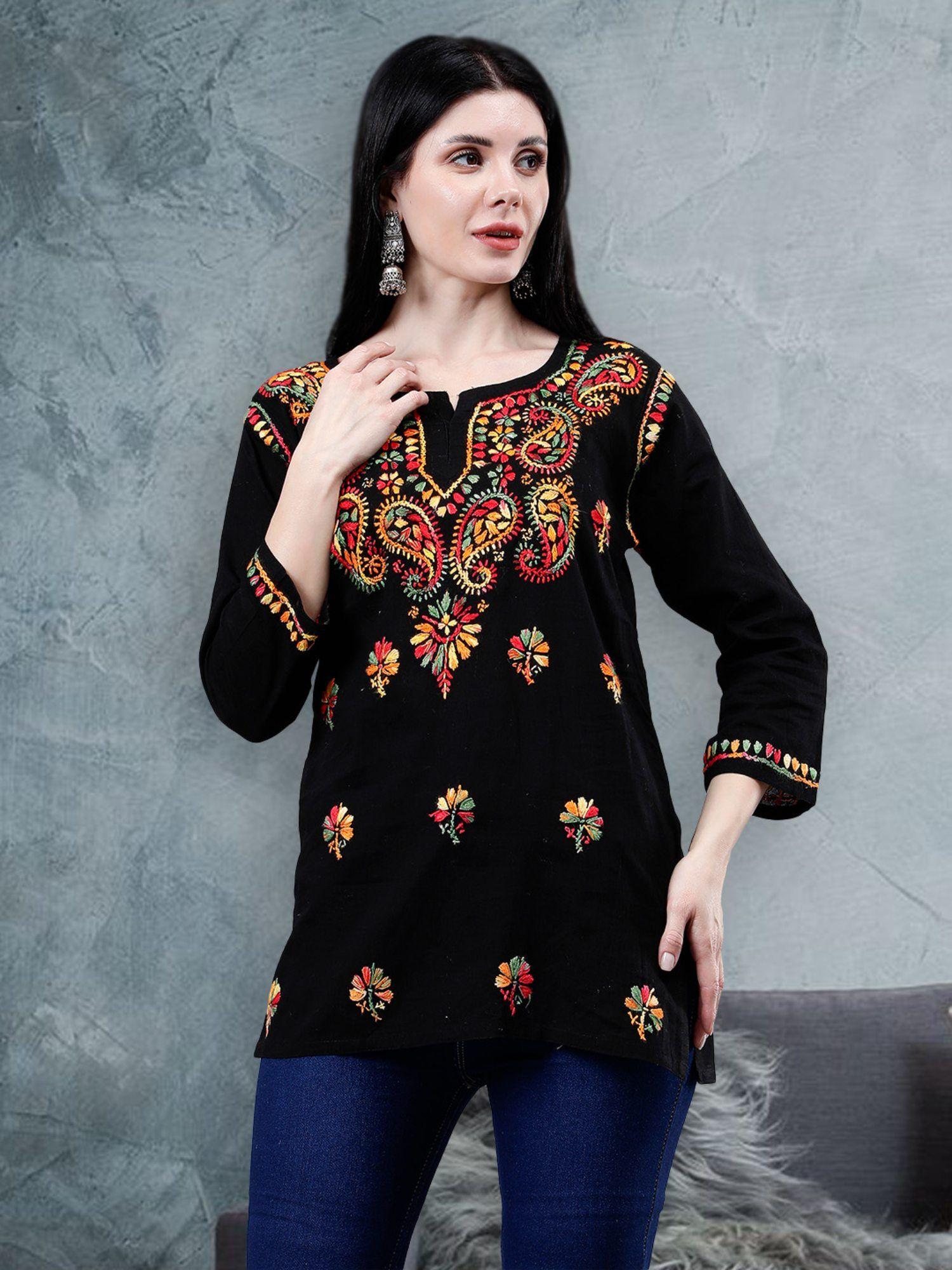 hand embroidered black cotton lucknowi chikankari kurti