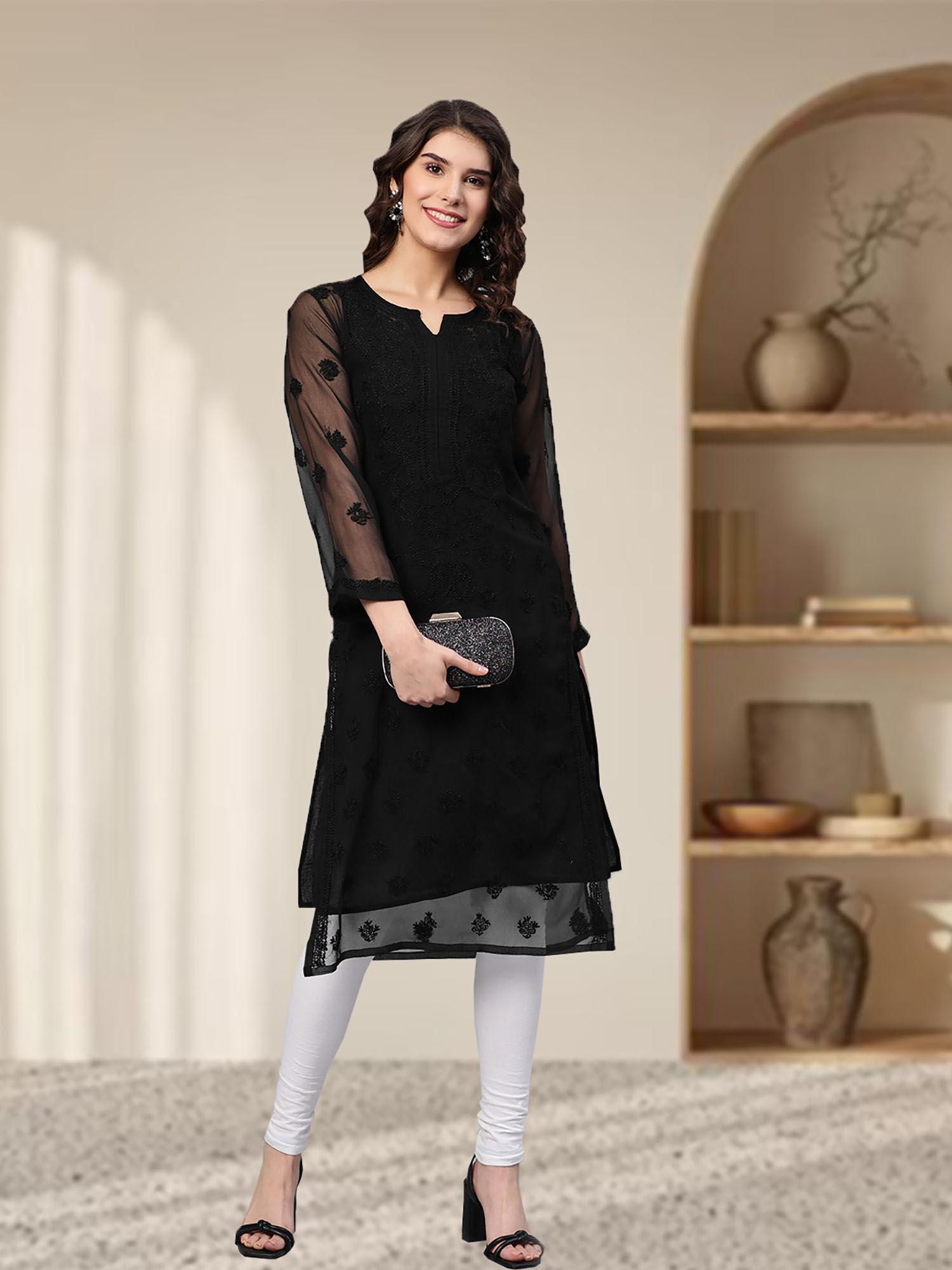 hand embroidered black georgette lucknow chikan kurta with slip (set of 2) (xs) (a165598)