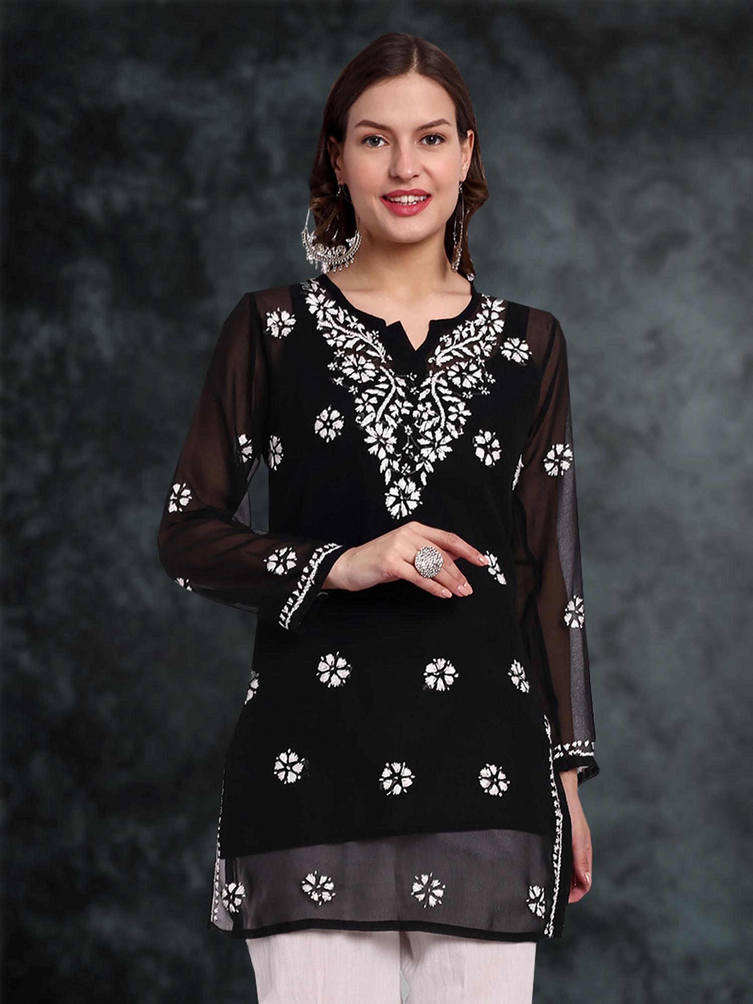 hand embroidered black georgette lucknow chikankari kurti [a911355]