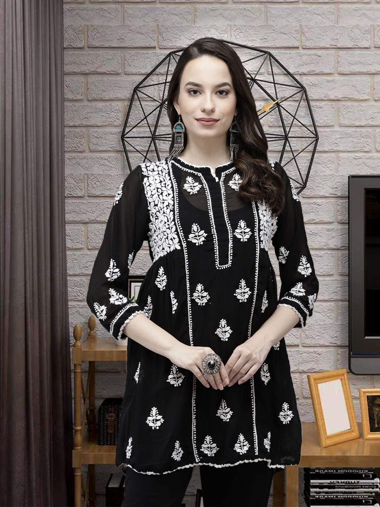 hand embroidered black georgette lucknow chikankari kurti with slip (set of 2) [a911151]