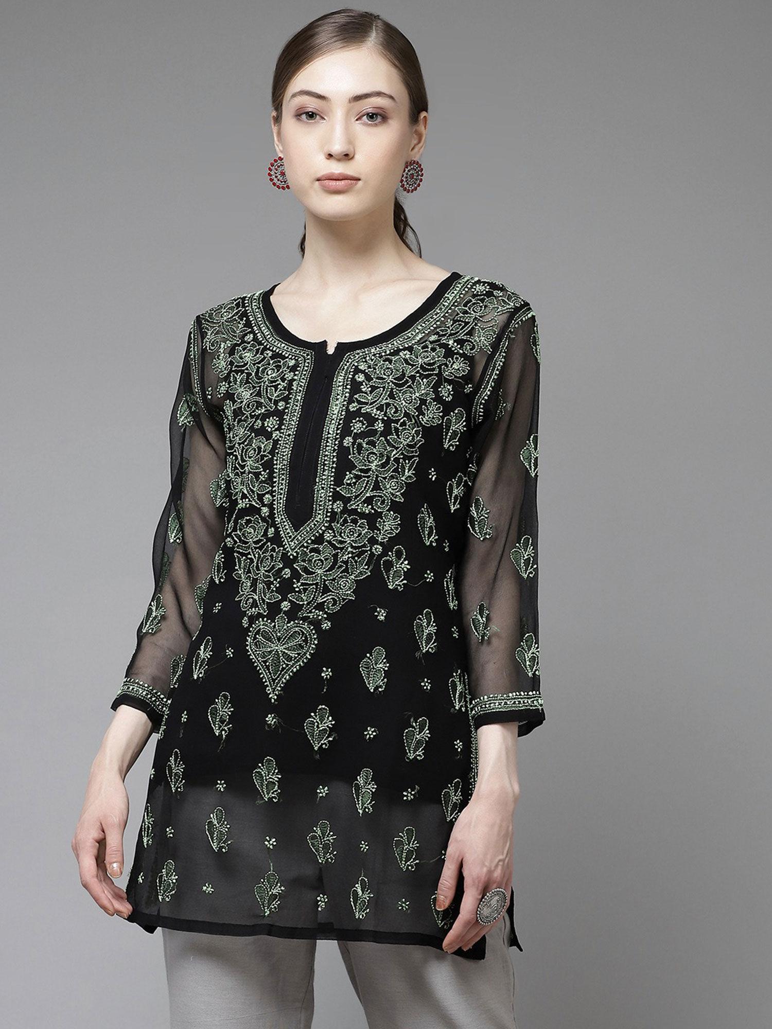 hand embroidered black georgette lucknowi chikankari kurti with slip [a911133]