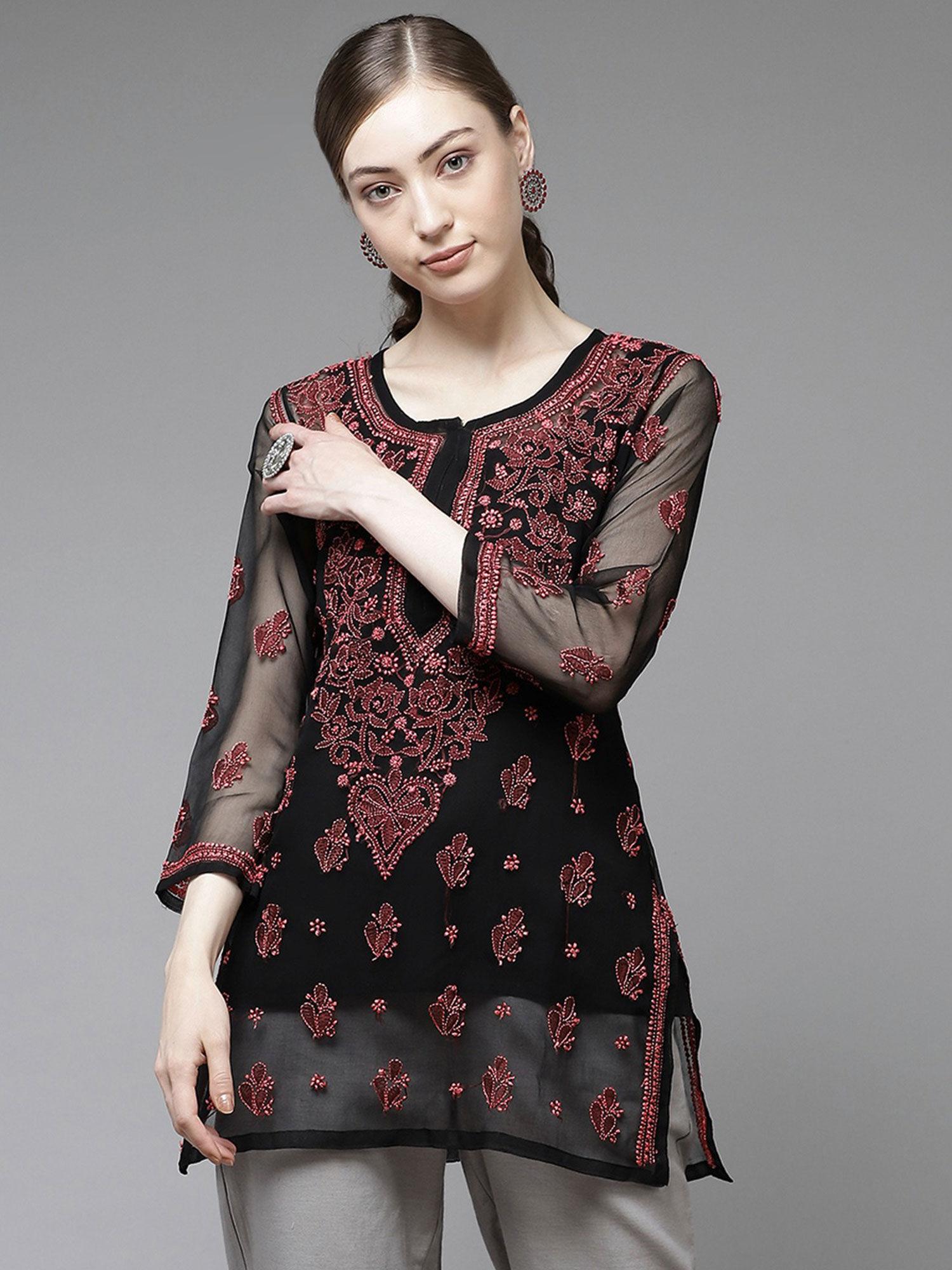 hand embroidered black georgette lucknowi chikankari kurti with slip [a911134]