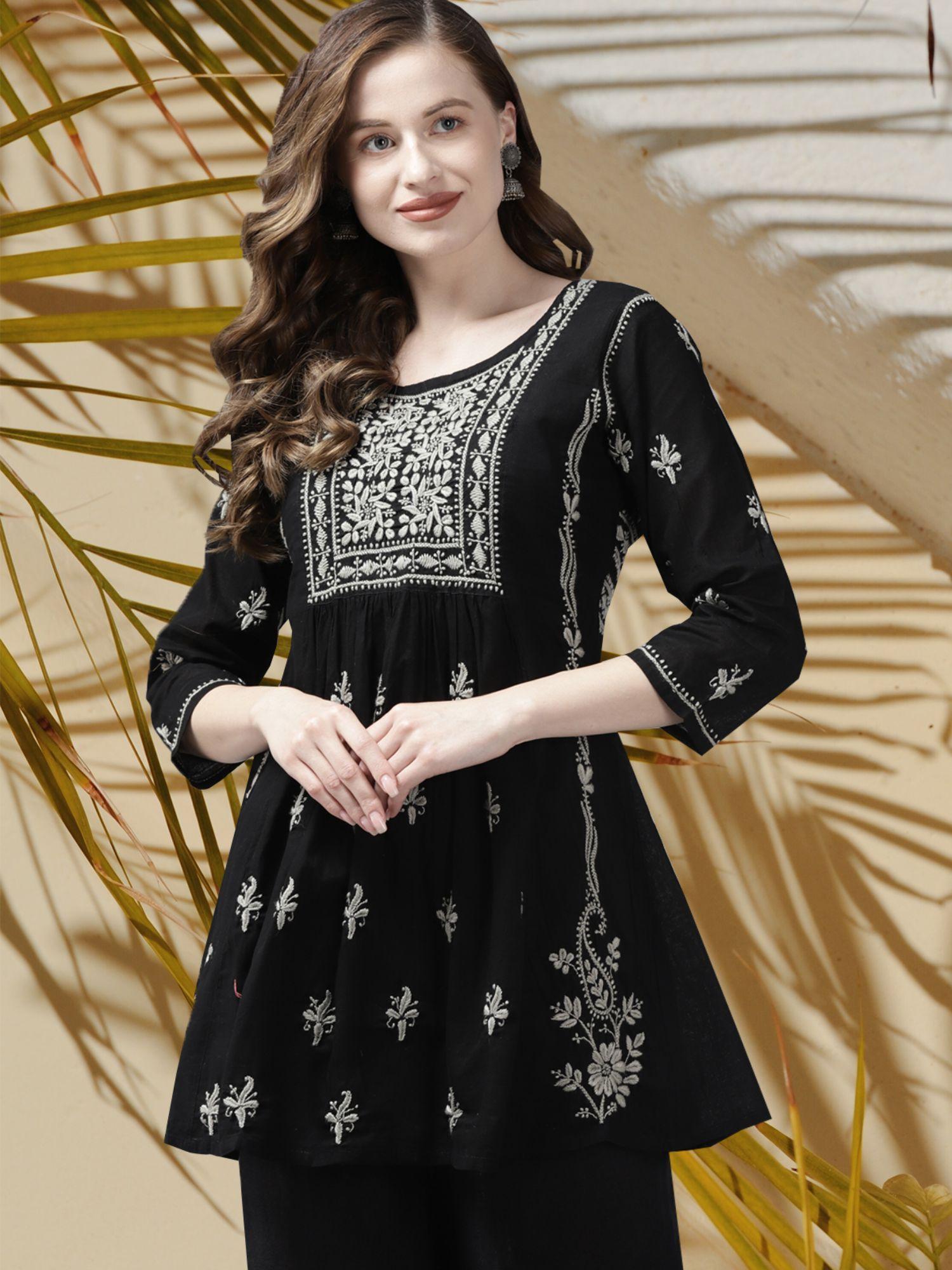 hand embroidered black grey lucknowi chikankari pure cotton kurti