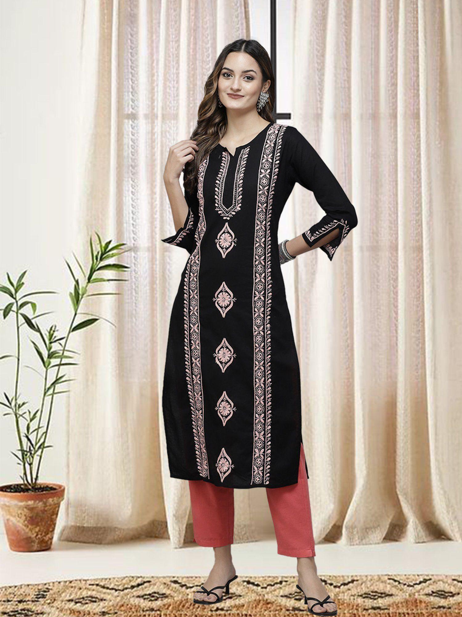 hand embroidered black peach lucknowi chikankari pure cotton kurta