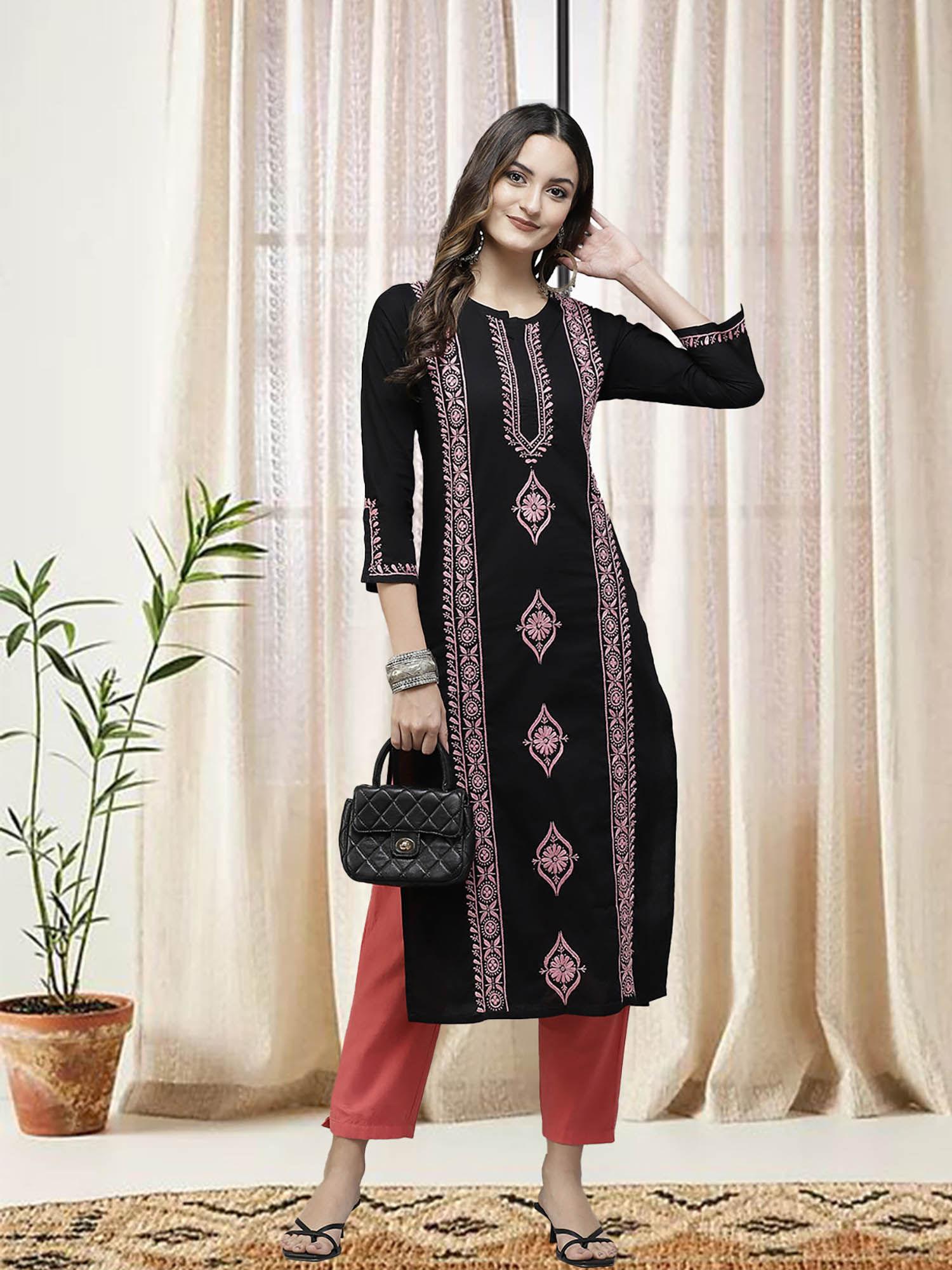 hand embroidered black pink lucknowi chikankari pure cotton kurta