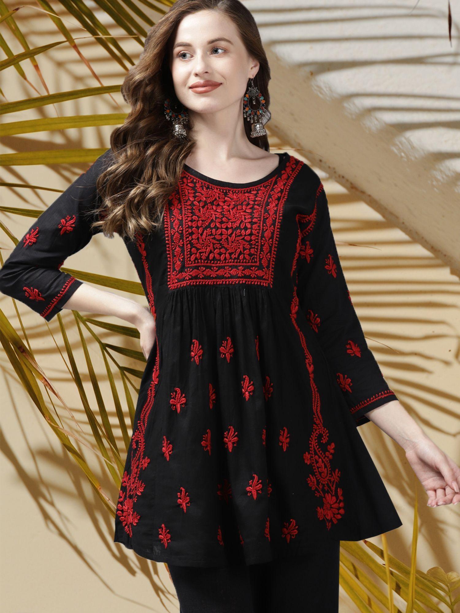 hand embroidered black red lucknowi chikankari pure cotton kurti