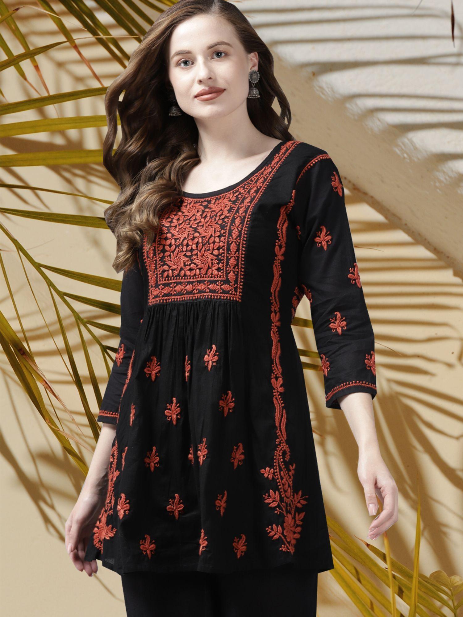 hand embroidered black rust lucknowi chikankari pure cotton kurti