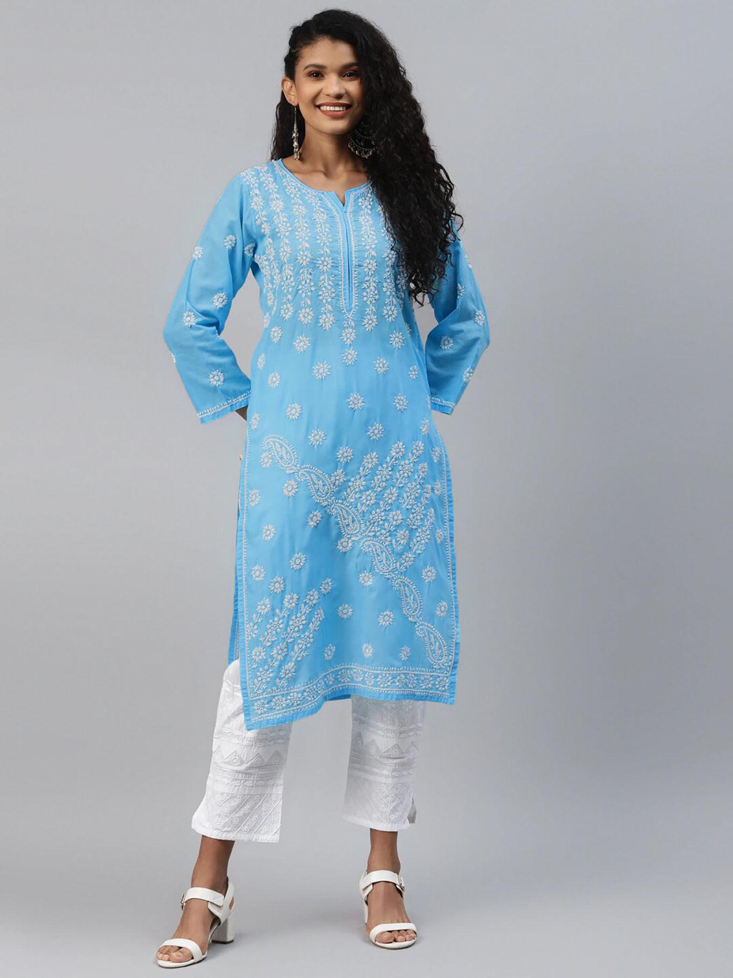 hand embroidered blue cotton lucknow chikankari kurta (xs) (a196337)