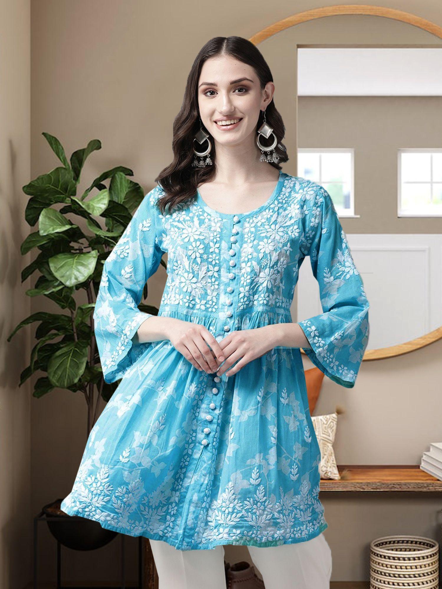 hand embroidered blue cotton lucknowi chikankari kurti