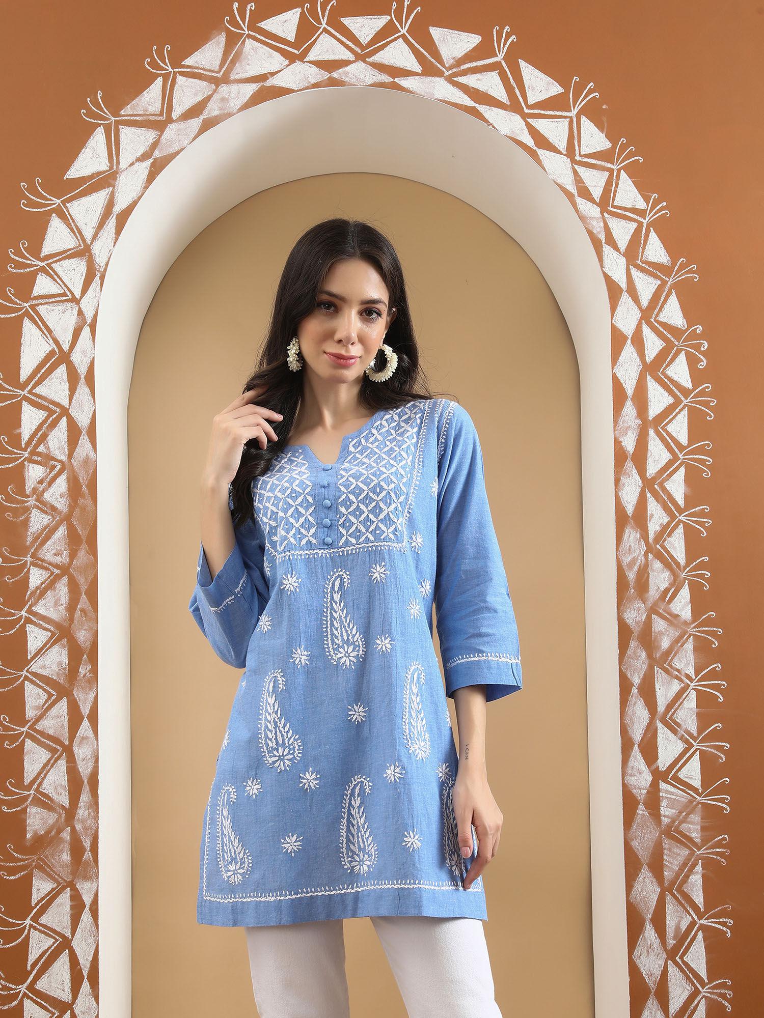 hand embroidered blue cotton lucknowi chikankari kurti