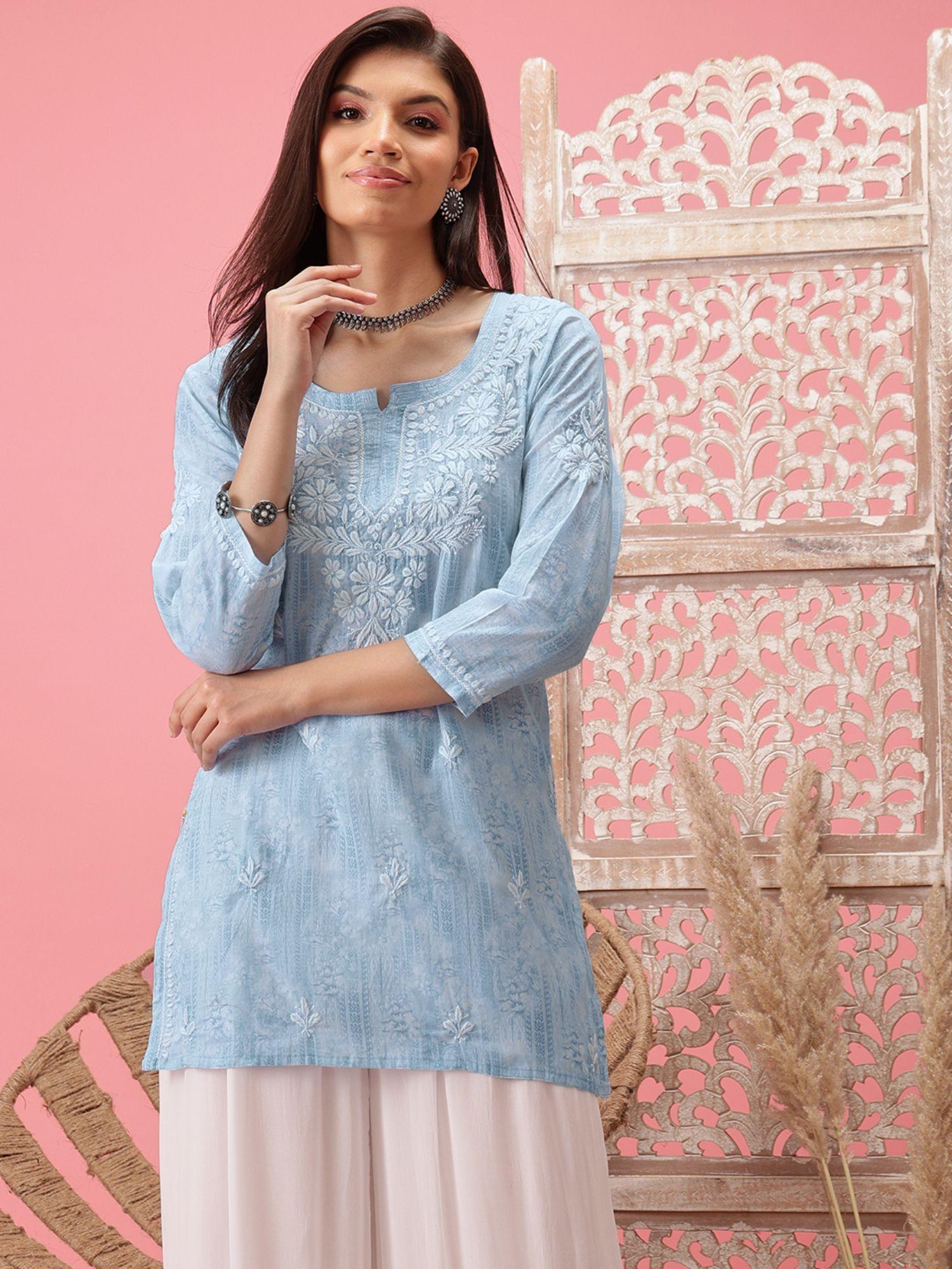 hand embroidered blue cotton lucknowi chikankari short kurti