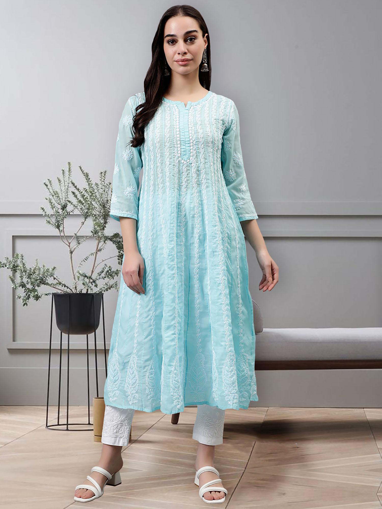 hand embroidered blue terivoil cotton lucknowi chikankari anarkali kurta