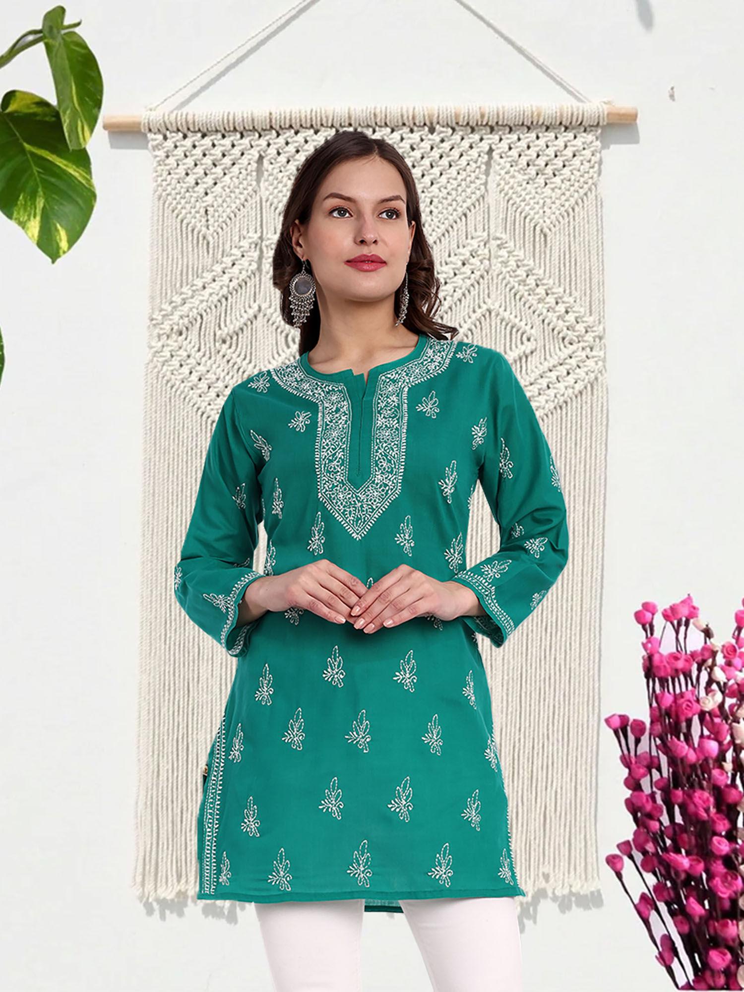 hand embroidered bottle green cotton lucknow chikankari kurti [a911357]