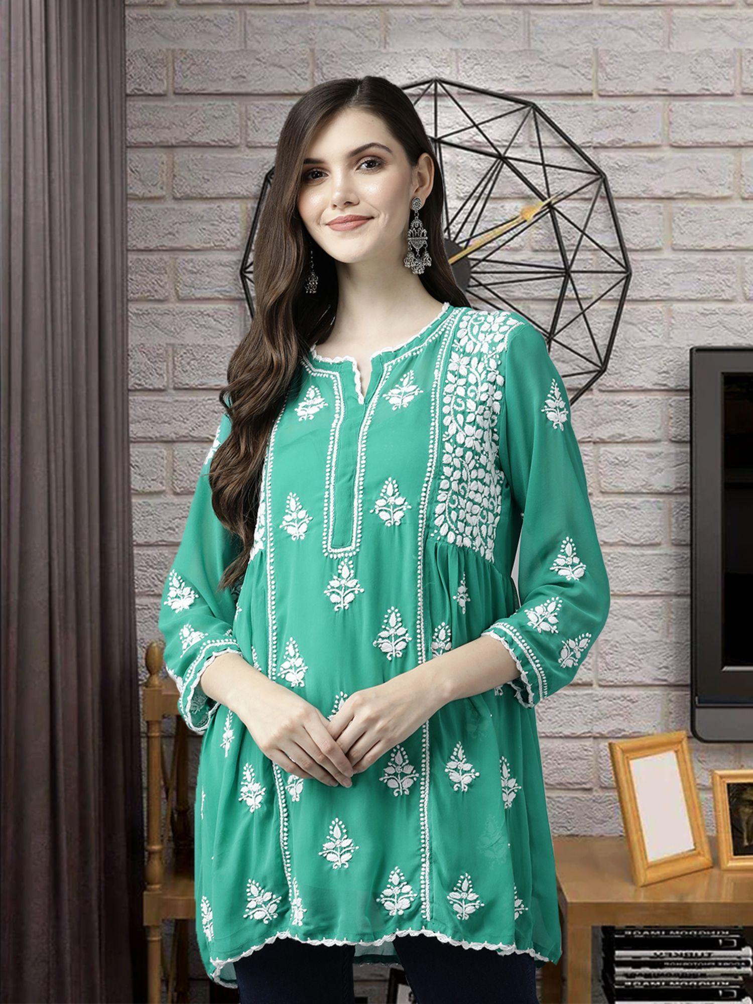 hand embroidered bottle green georgette lucknow chikankari kurti with slip [a911264]