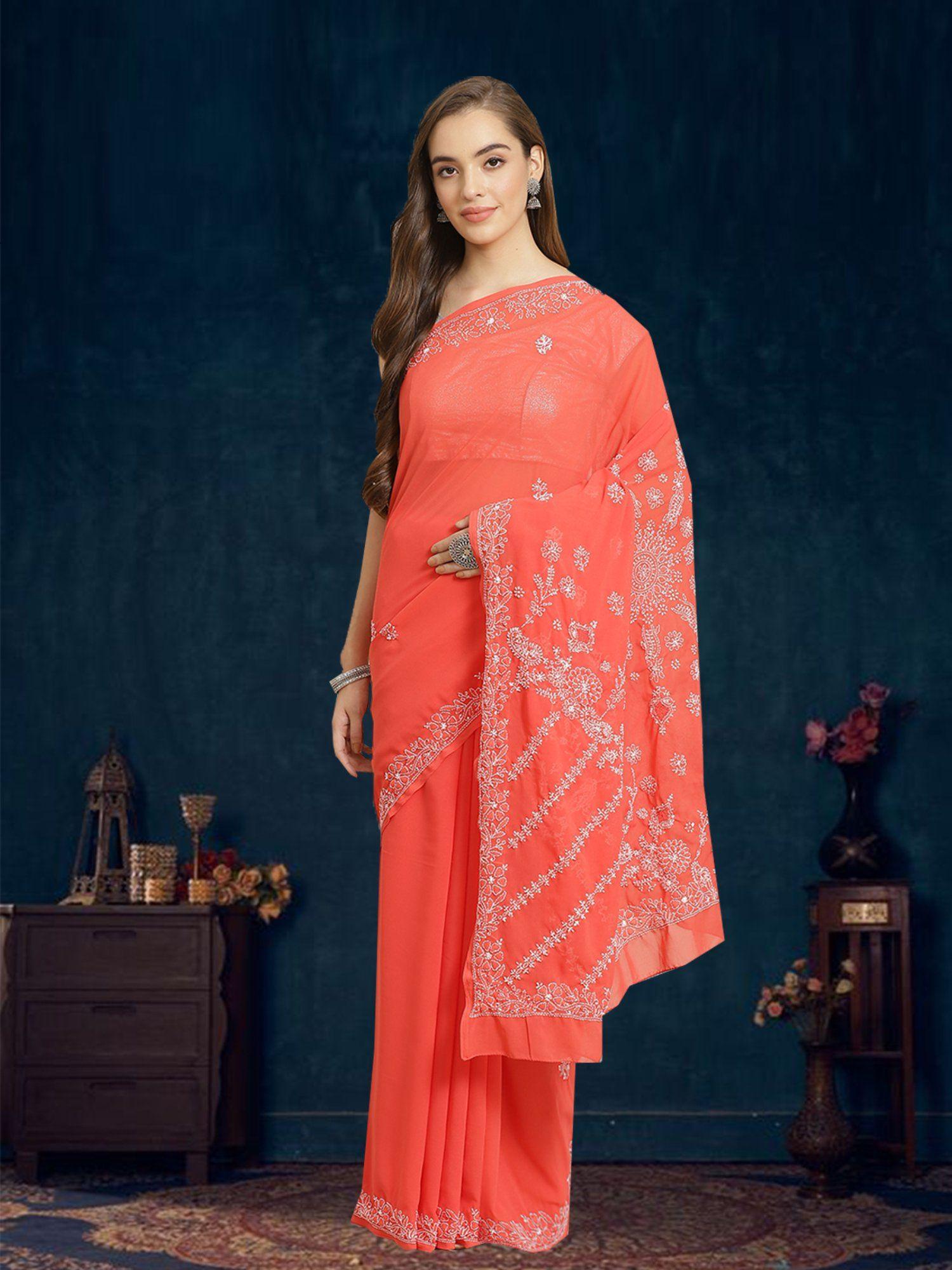 hand embroidered brick red georgette lucknow chikan saree with unstitched blouse (a311281)