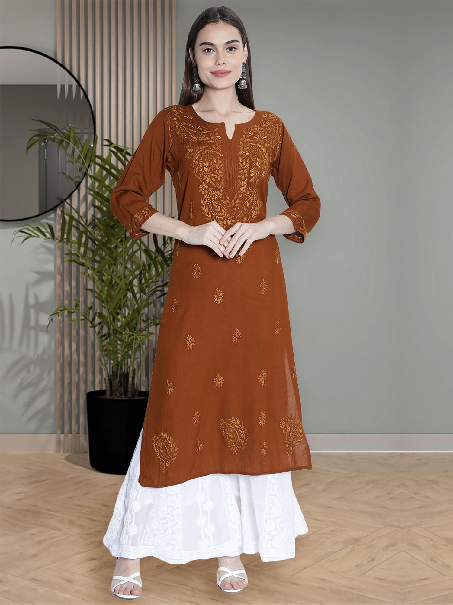 hand embroidered brown rayon lucknowi chikankari kurta