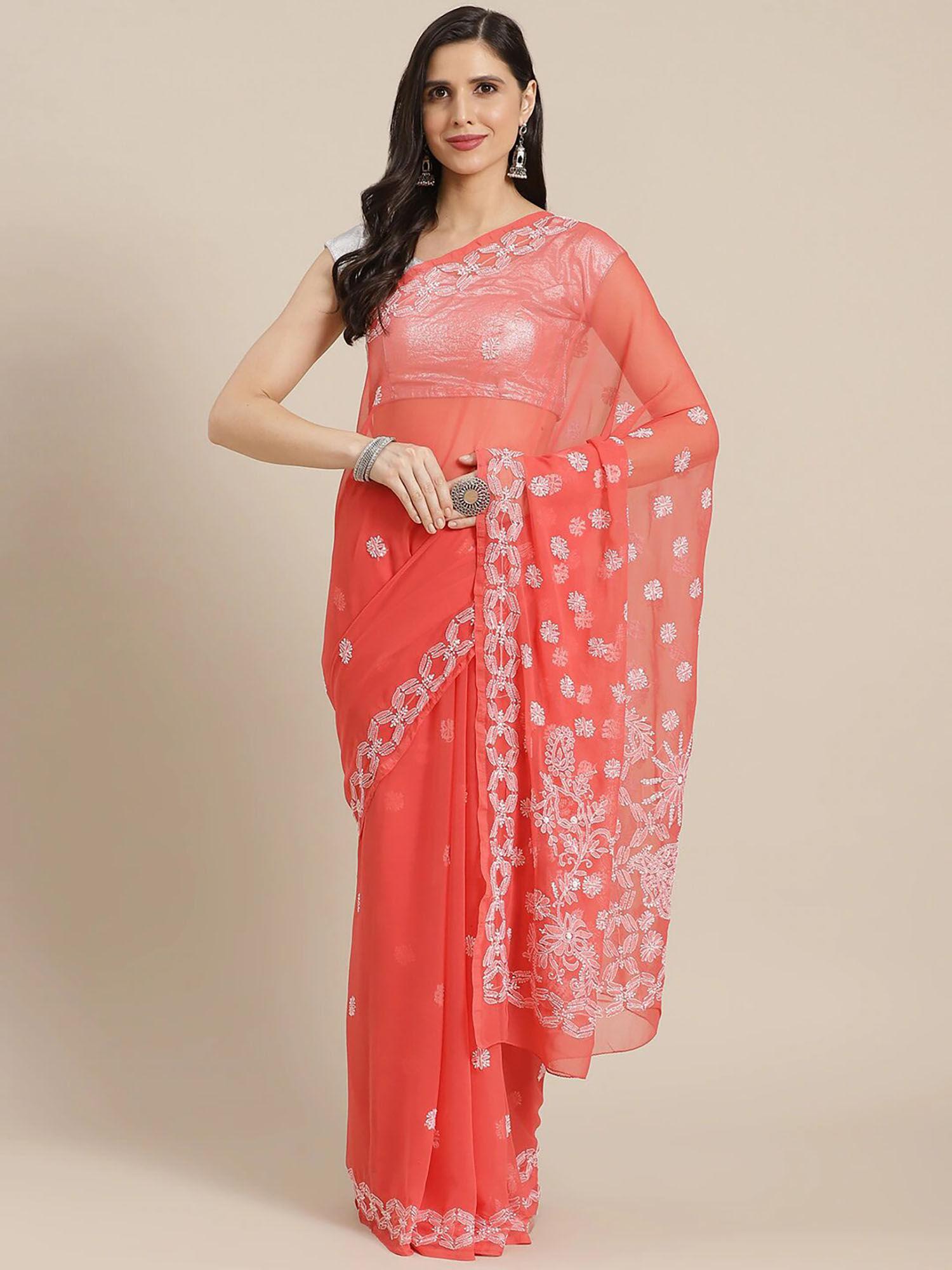 hand embroidered carrot pink georgette lucknow chikan saree with unstitched blouse (a191489)