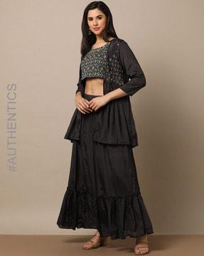 hand embroidered chiffon crochet crop top with skirt & jacket