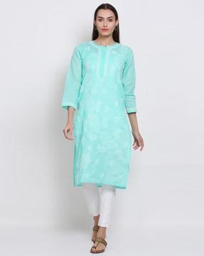 hand embroidered chikankari cotton straight kurta