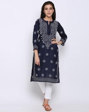 hand embroidered chikankari cotton straight kurta