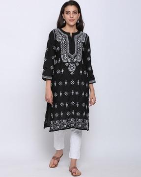 hand embroidered chikankari cotton straight kurta