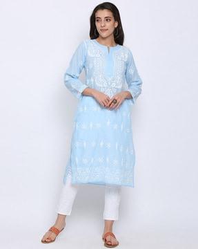 hand embroidered chikankari cotton straight kurta