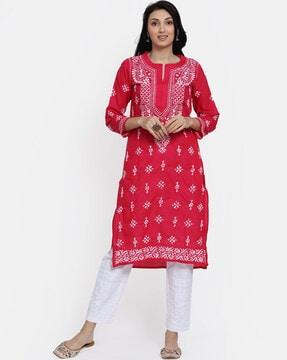 hand embroidered chikankari cotton straight kurta