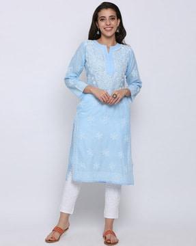 hand embroidered chikankari cotton straight kurta