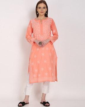 hand embroidered chikankari cotton straight kurta