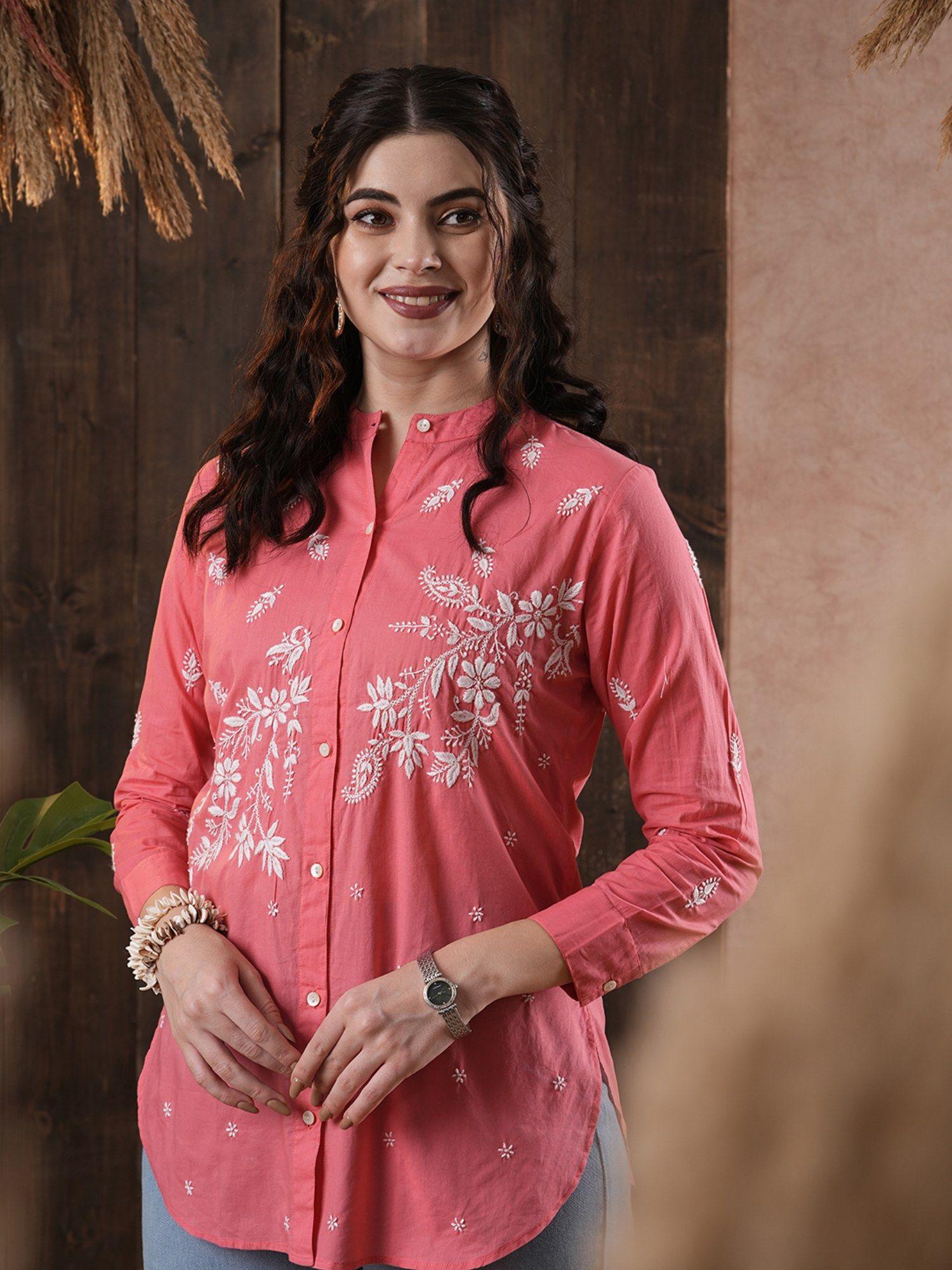 hand embroidered chikankari ethnic motifs carrot pink & white cotton shirt