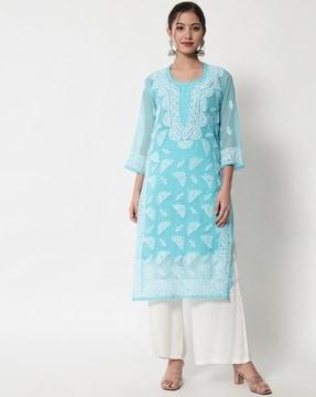 hand embroidered chikankari georgette kurta with matching slip