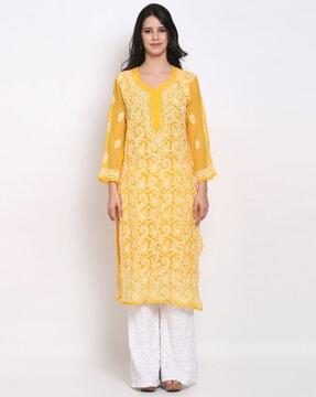 hand embroidered chikankari georgette kurta with matching slip