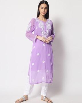 hand embroidered chikankari georgette kurta with matching slip