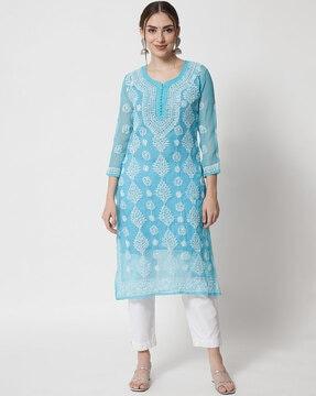 hand embroidered chikankari georgette straight kurta with matching slip