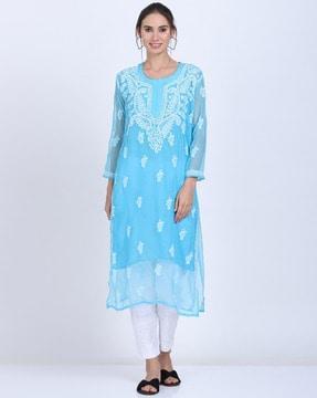 hand embroidered chikankari georgette straight kurta