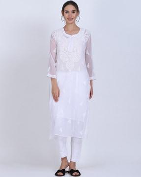 hand embroidered chikankari georgette straight kurta