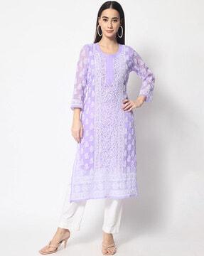 hand embroidered chikankari kota kurta set with matching slip