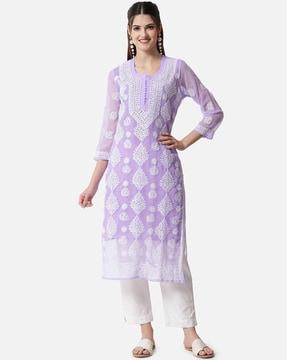 hand embroidered chikankari round-neck georgette straight kurta