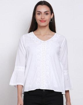 hand embroidered chikankari top with lace trims