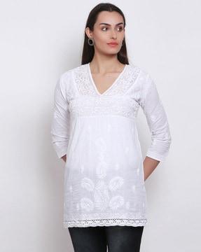 hand embroidered chikankari v-neck tunic