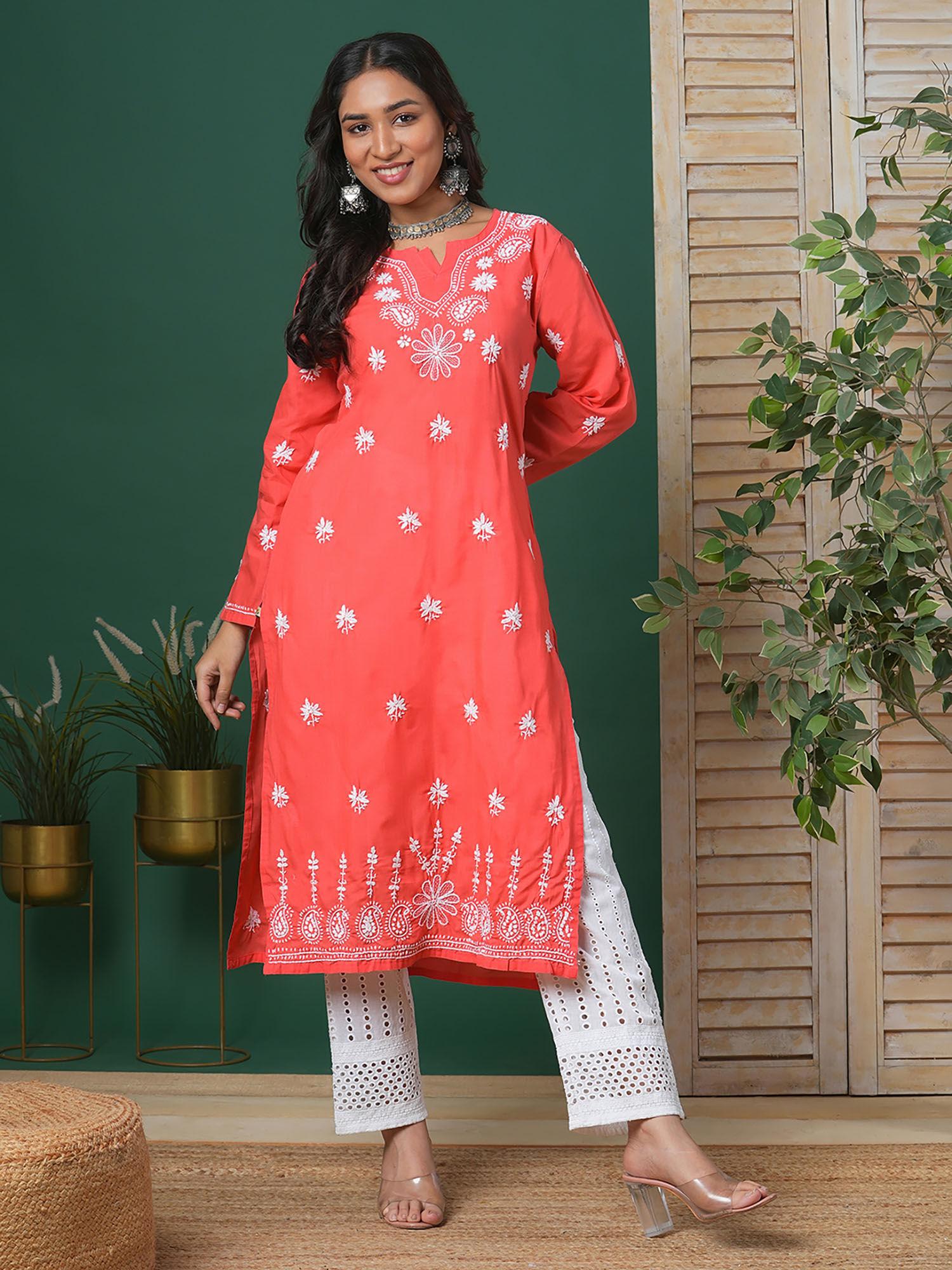 hand embroidered coral red cotton lucknow chikankari kurta [a210493]