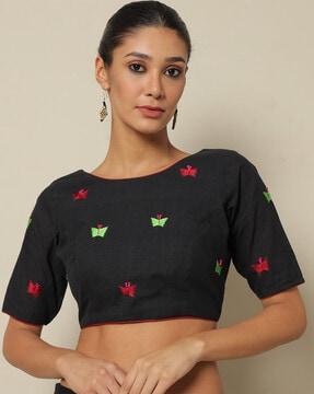 hand-embroidered cotton back-open padded blouse