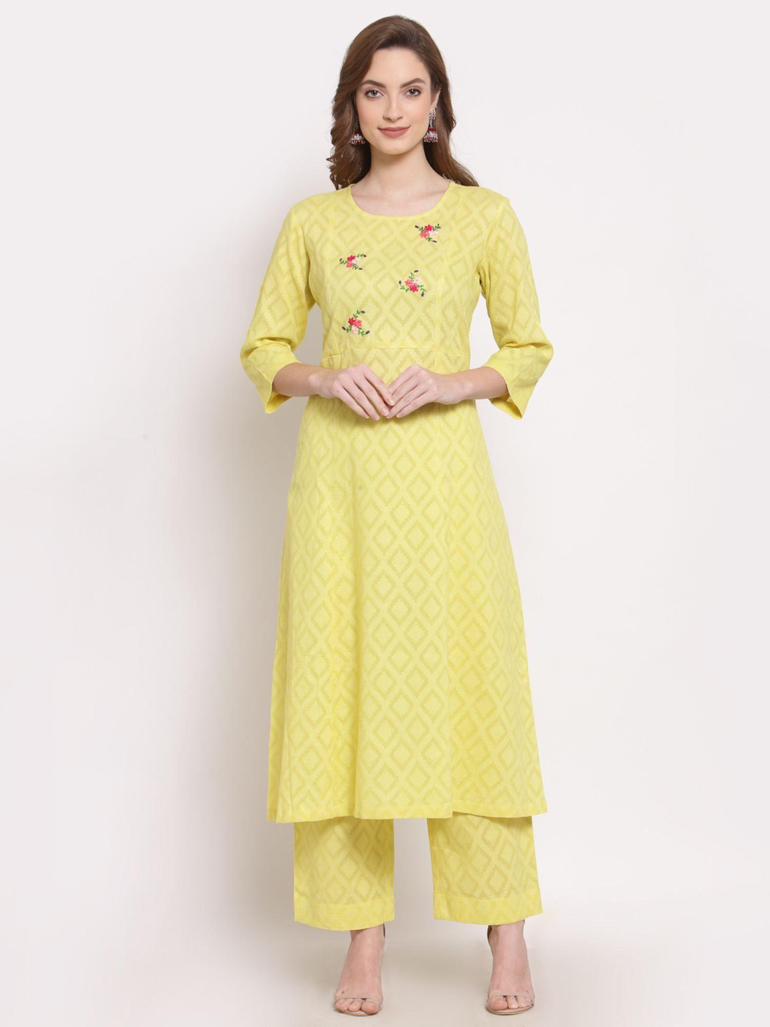 hand embroidered cotton kurta and palazzo - yellow (set of 2)