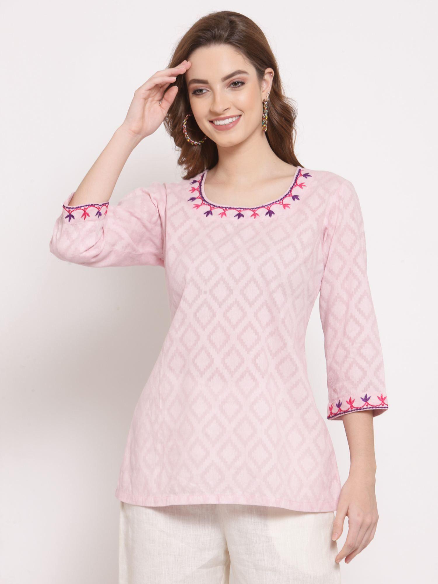 hand embroidered cotton top -pink