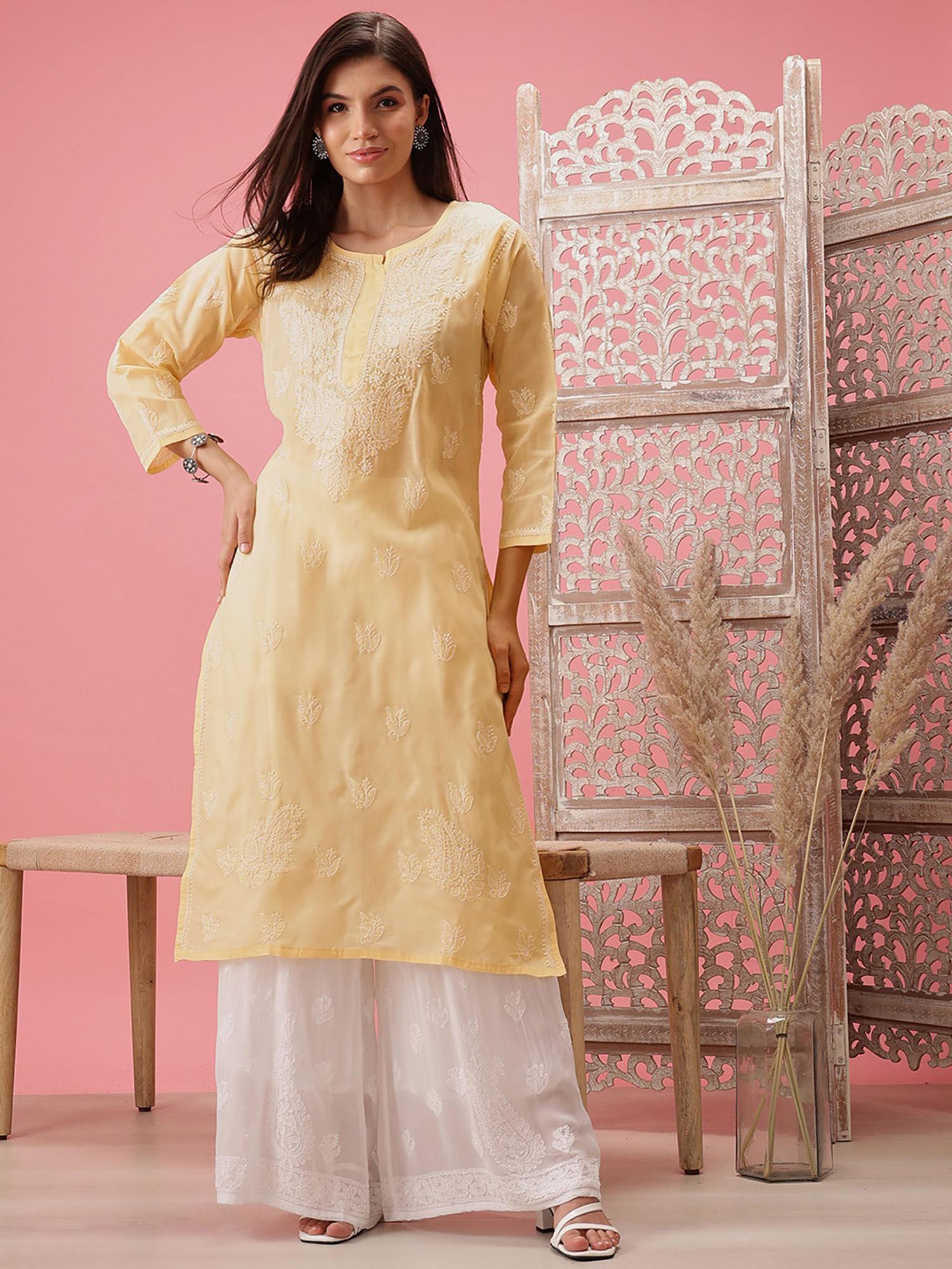 hand embroidered cream cotton lucknowi chikankari kurta