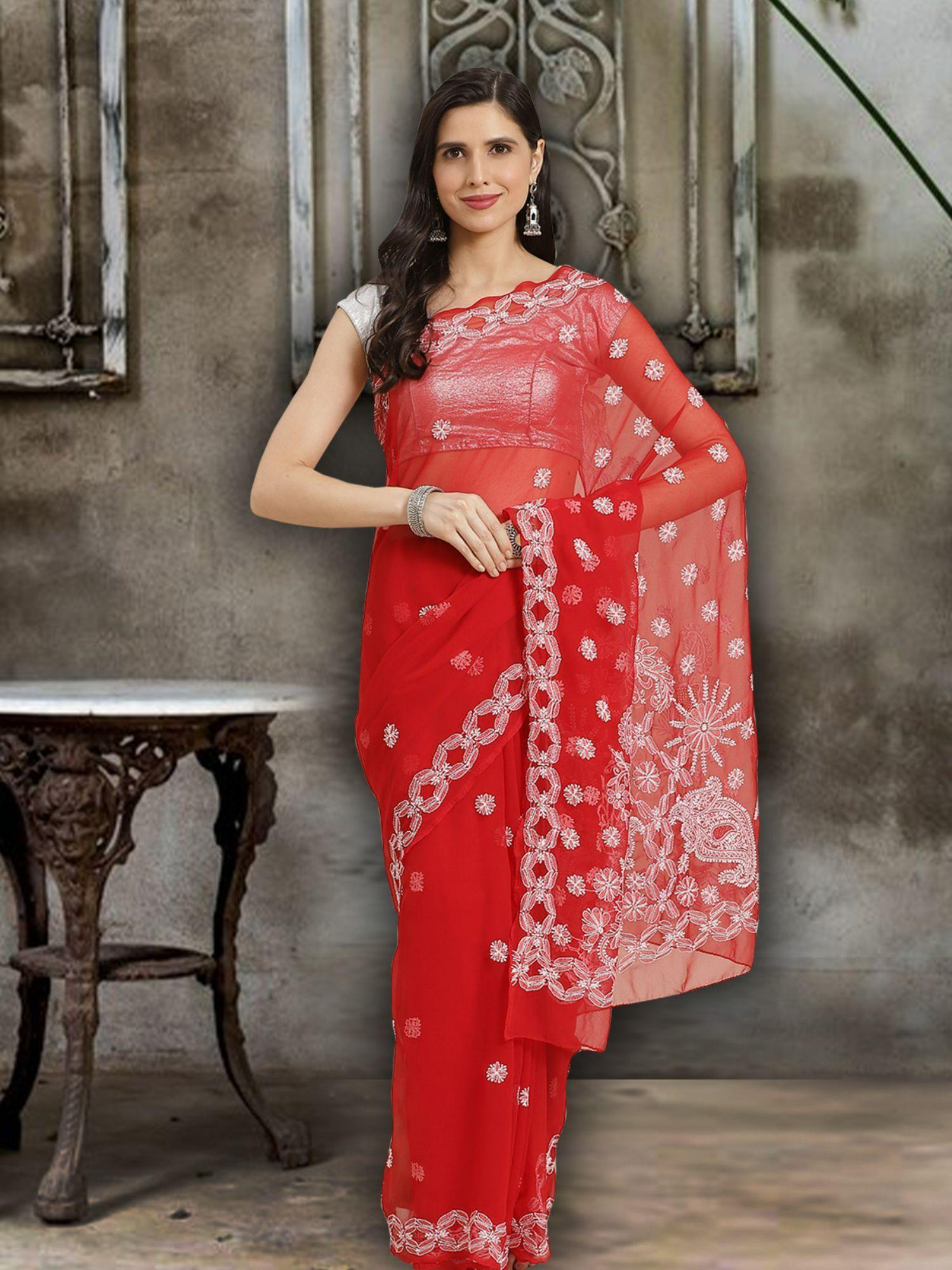 hand embroidered crimson red georgette lucknow chikan saree with unstitched blouse (a130145)