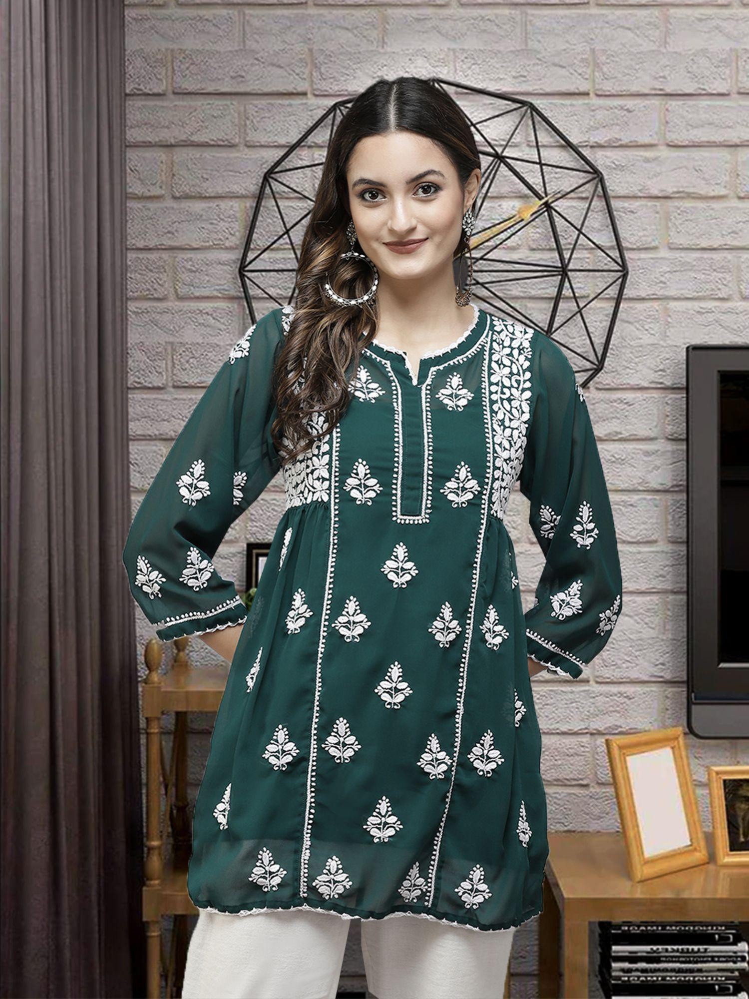 hand embroidered dark green georgette lucknow chikankari kurti with slip (set of 2)